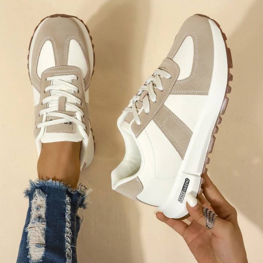 Stylish Beige and White Women's Sneakers